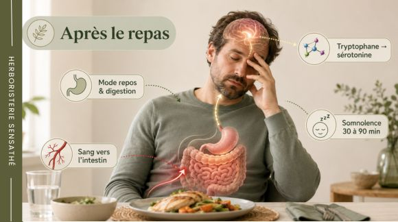 Fatigue après repas  digestion, afflux sanguin vers l’intestin et somnolence post-prandiale - Herboristerie Sensathé